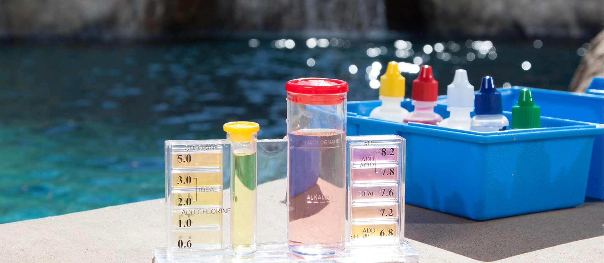 Photo of a pool chemical testing kit. 