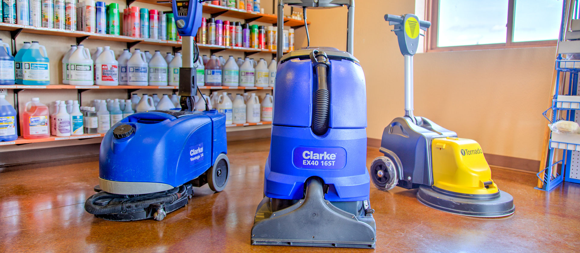 Photo of showroom cleaning supplies. 