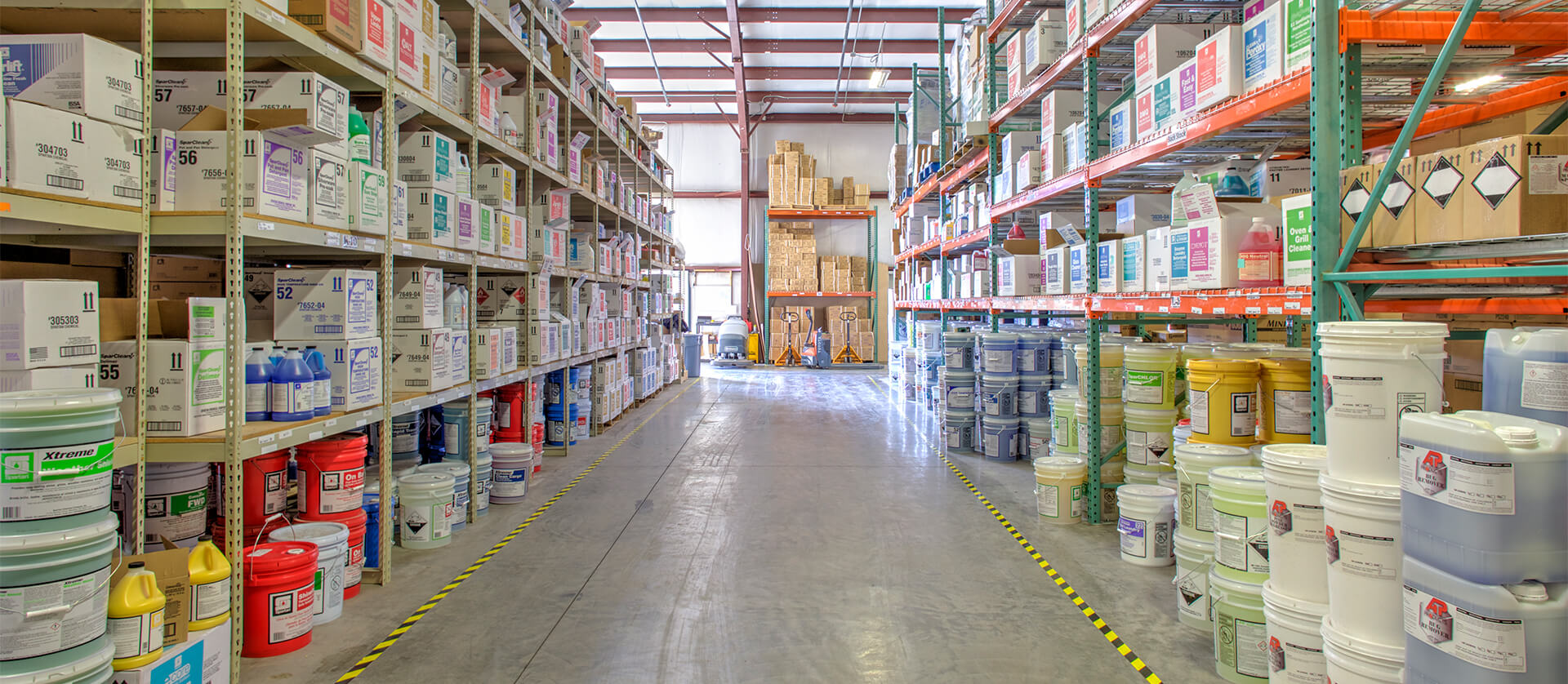 Photo of chemical storage in warehouse.